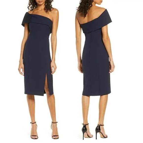 Eliza J Off The Shoulder Scuba Crepe Cocktail Dress Front Slit Navy Size: 6 NWOT - Picture 9 of 9
